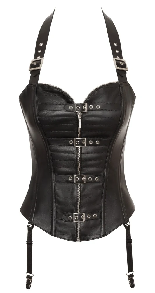 Leren corsage met bikerdetails en jarretels