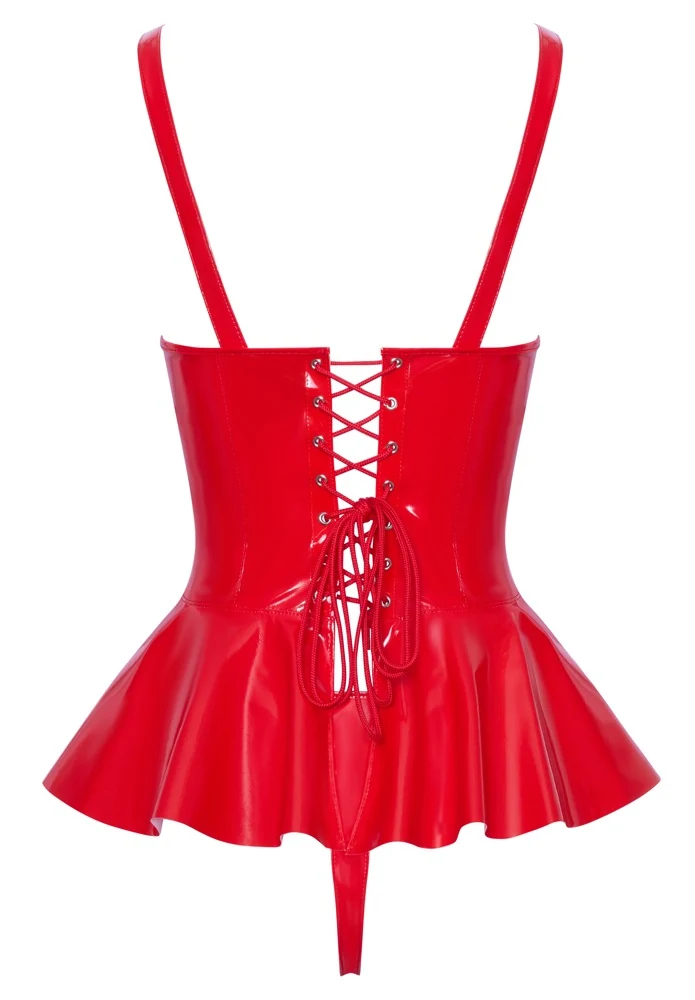 Black Level rode vinyl set met peplum top en string