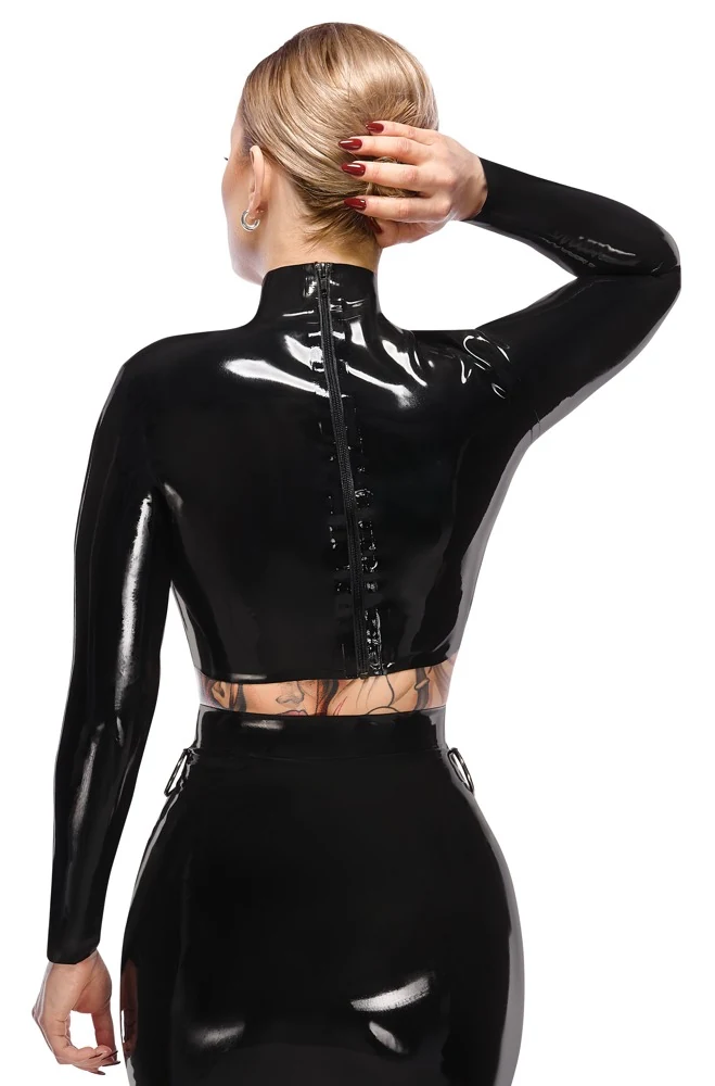 Buikvrij latex shirt met open buste en lange mouwen