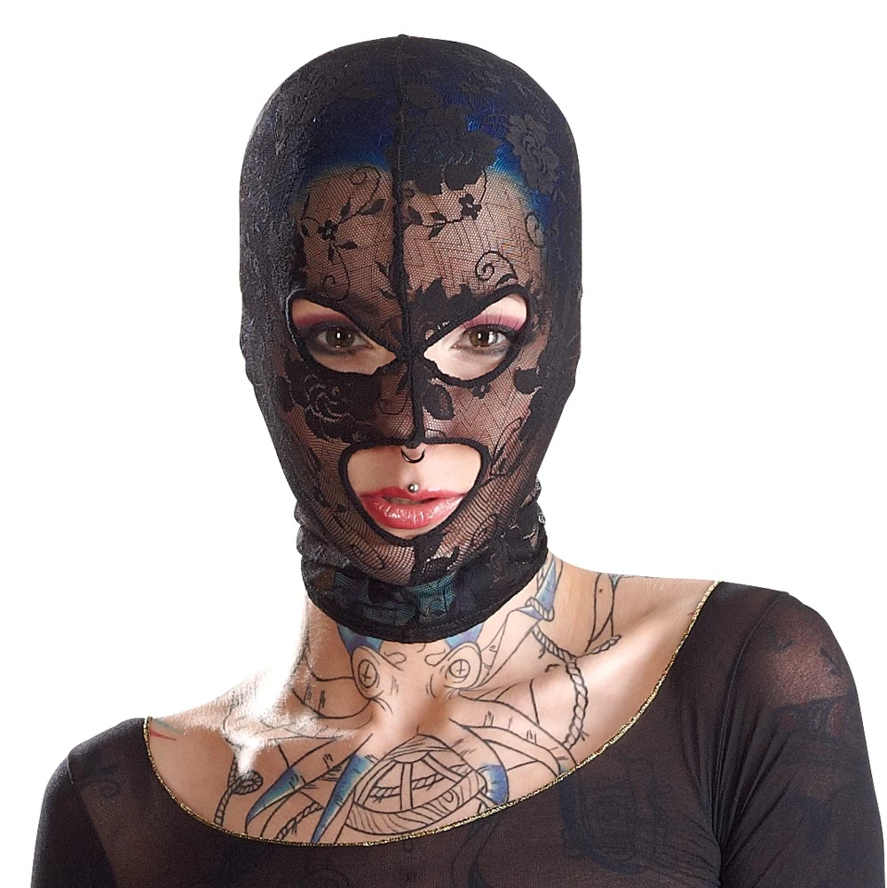 Zwart kanten hoofdmasker met oog- en mondopening