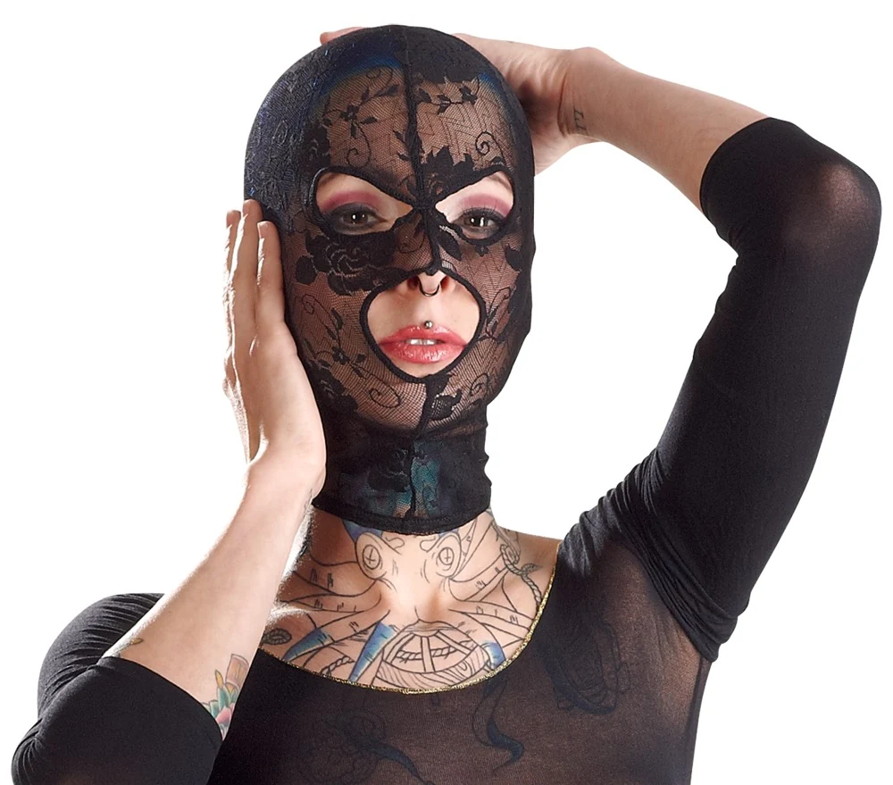 Zwart kanten hoofdmasker met oog- en mondopening