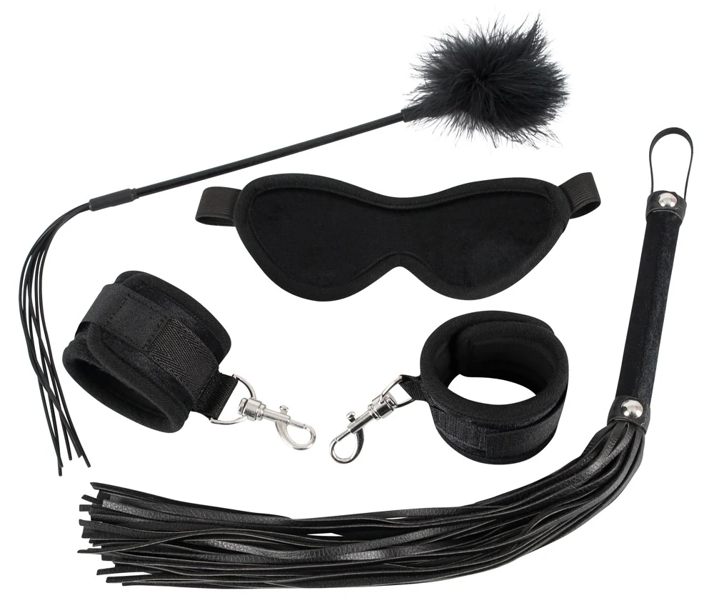 4-delige BDSM set met oogmasker, boeien, zweep en springstok