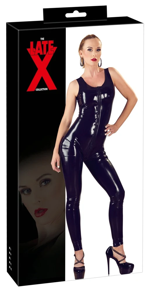 Mouwloze latex catsuit met 3-weg rits
