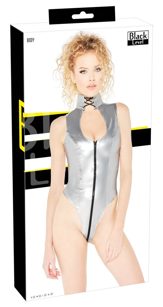 Zilveren lak bodysuit met 2-weg ritssluiting