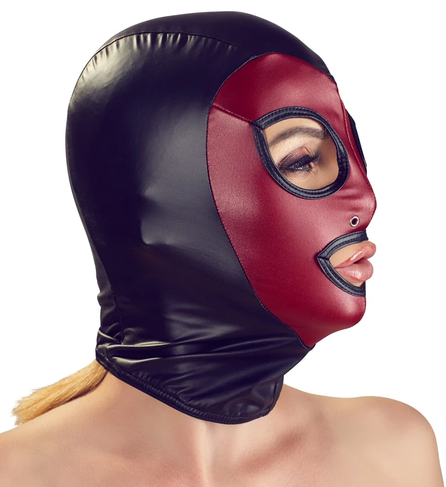 Fetisj hoofdmasker zwart met rood gezichtsveld