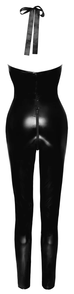 Mouwloze lak jumpsuit met 2-wegrits