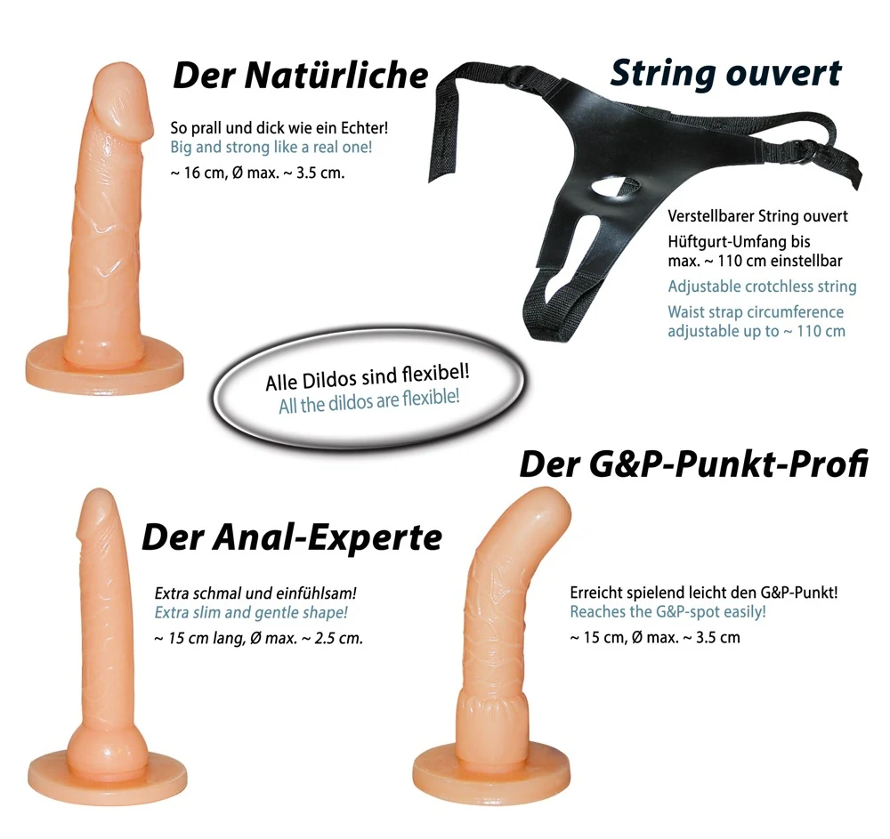 Verstelbare strap-on set met 3 dildo’s