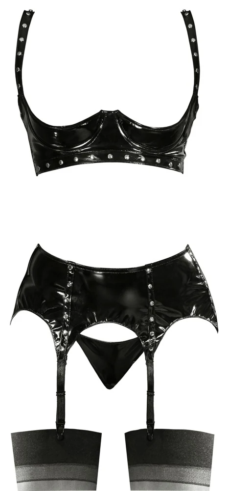 Black Level lak lingerie set 3-delig zwart