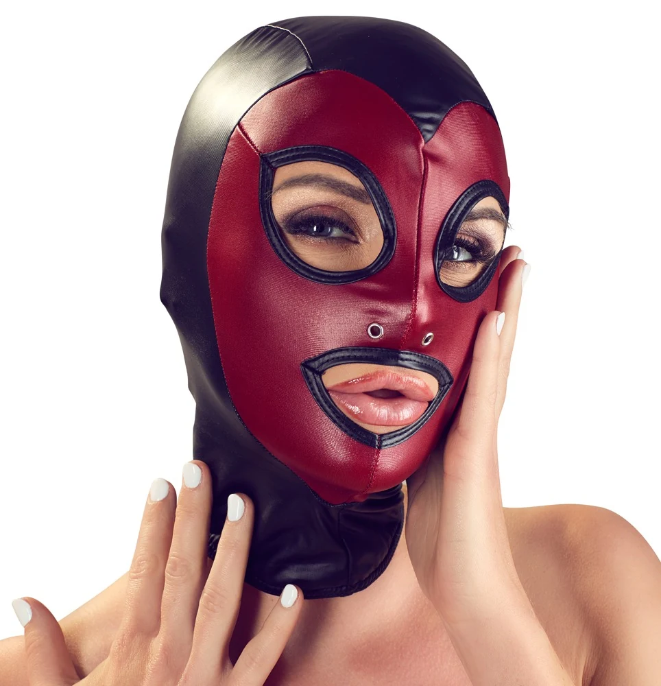 Fetisj hoofdmasker zwart met rood gezichtsveld