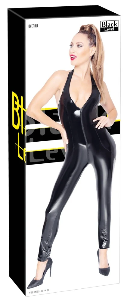 Black Level lak jumpsuit met 2-wegrits