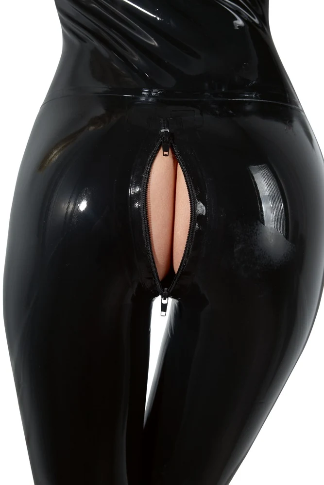 Licht getailleerde latex catsuit met dubbele rits