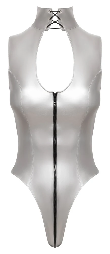 Zilveren lak bodysuit met 2-weg ritssluiting
