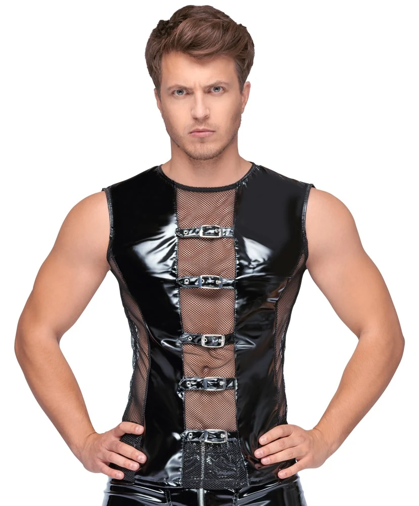 Mouwloos lak shirt met mesh en gespen