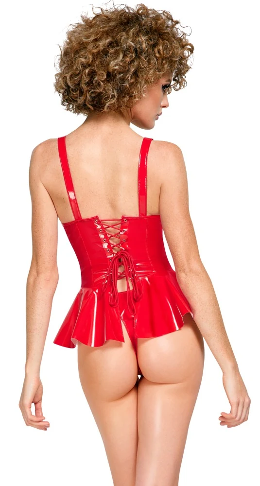 Black Level rode vinyl set met peplum top en string