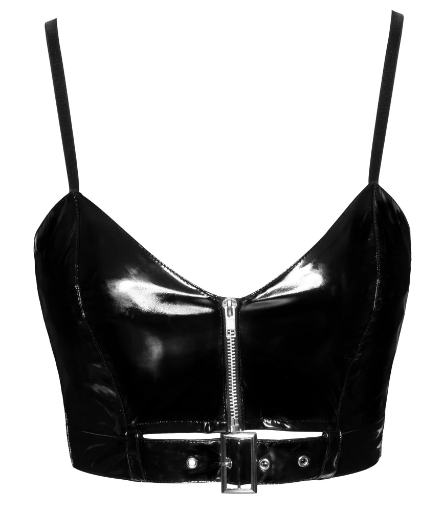 Lak crop top met rits en ceintuur-look