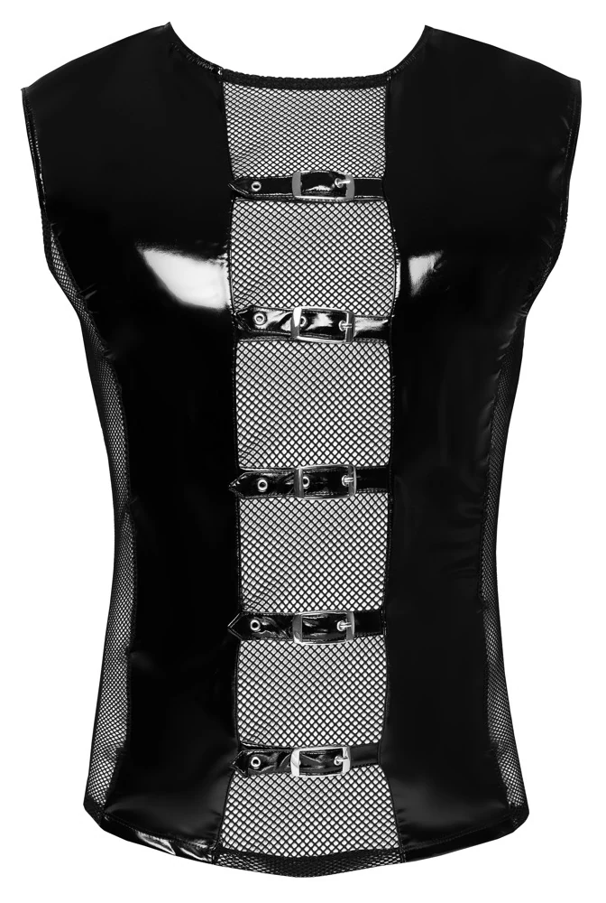 Black Level mouwloos lak shirt met mesh en gespen