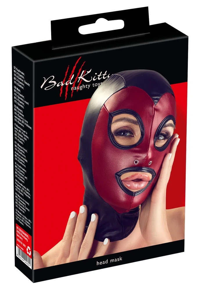 Fetisj hoofdmasker zwart met rood gezichtsveld