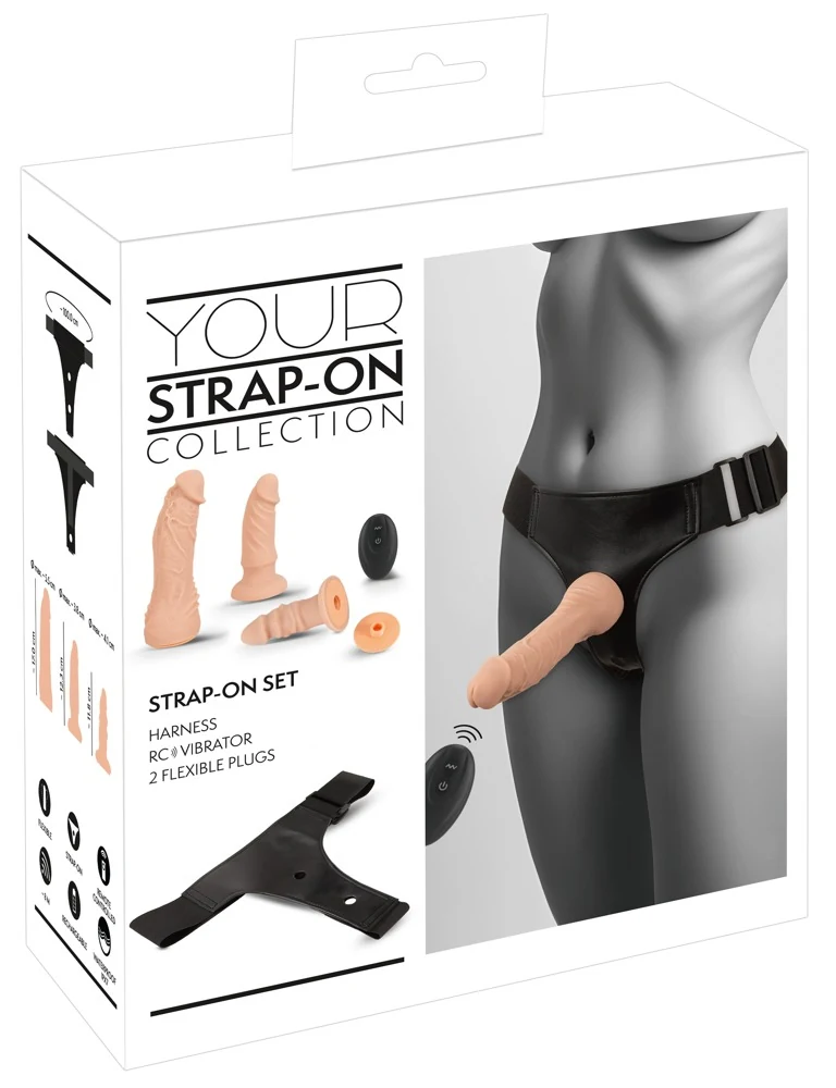Verstelbare strap-on set met vibrator en 2 dildo’s