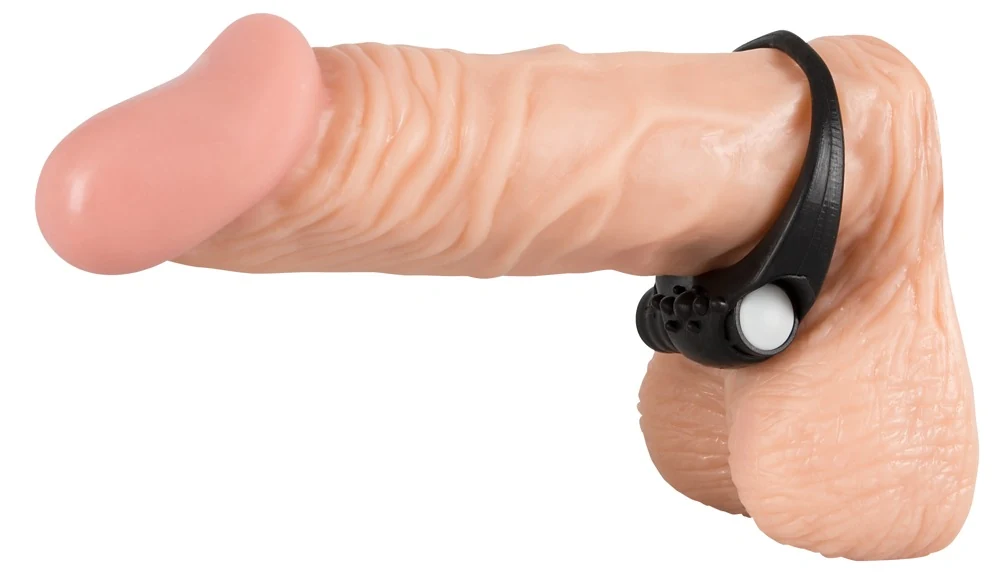 Zwarte siliconen cockring met afneembare minivibrator