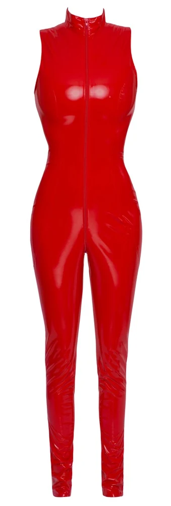 Rode lak jumpsuit met 2-wegritssluiting