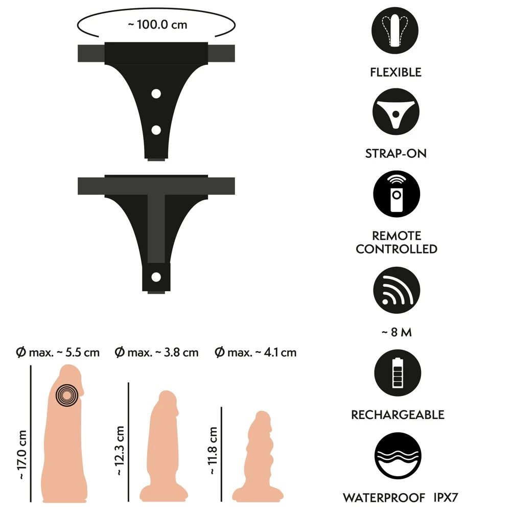 Verstelbare strap-on set met vibrator en 2 dildo’s