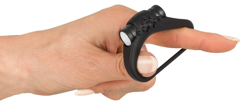 Zwarte siliconen cockring met afneembare minivibrator