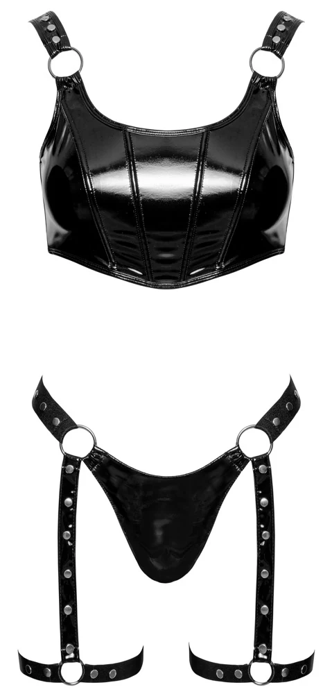 Black Level vinyl bustier set met jarretelgordel