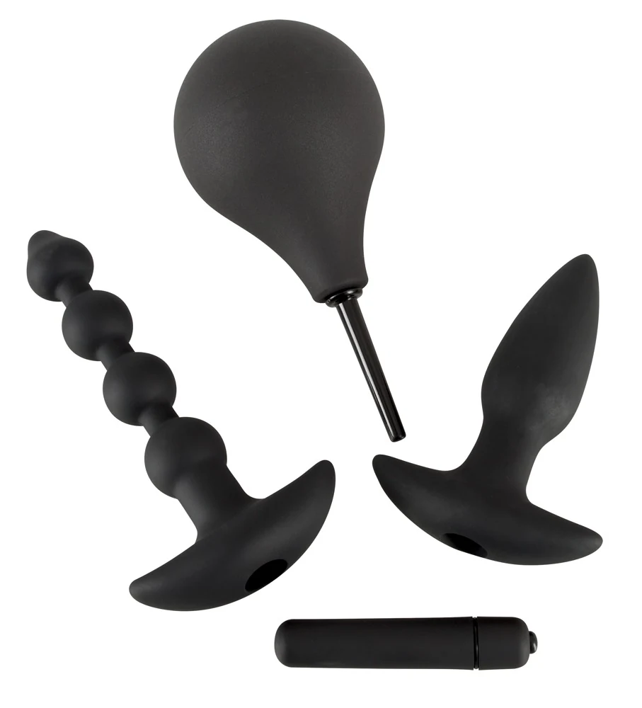 Zwarte siliconen set met plug, string, douche en vibrator