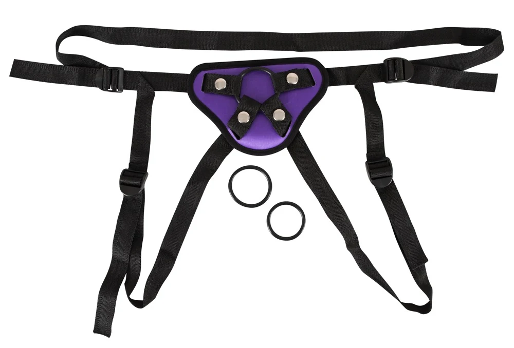 Paars zwart strap-on harnas met 3 ringen
