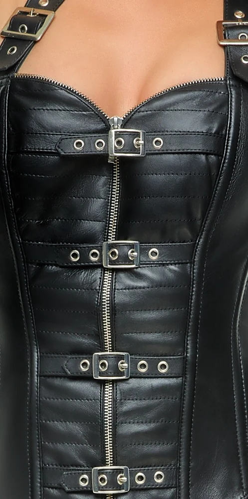 Leren corsage met bikerdetails en jarretels
