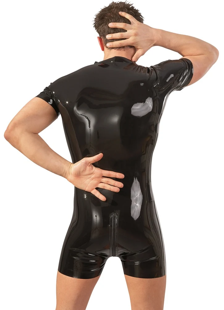 Korte latex jumpsuit met 3-weg ritssluiting