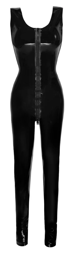 Mouwloze latex catsuit met 3-weg rits