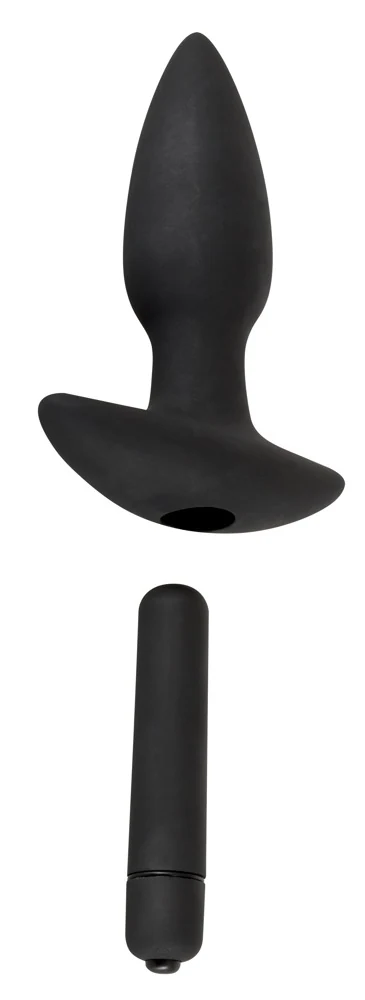 Zwarte siliconen set met plug, string, douche en vibrator