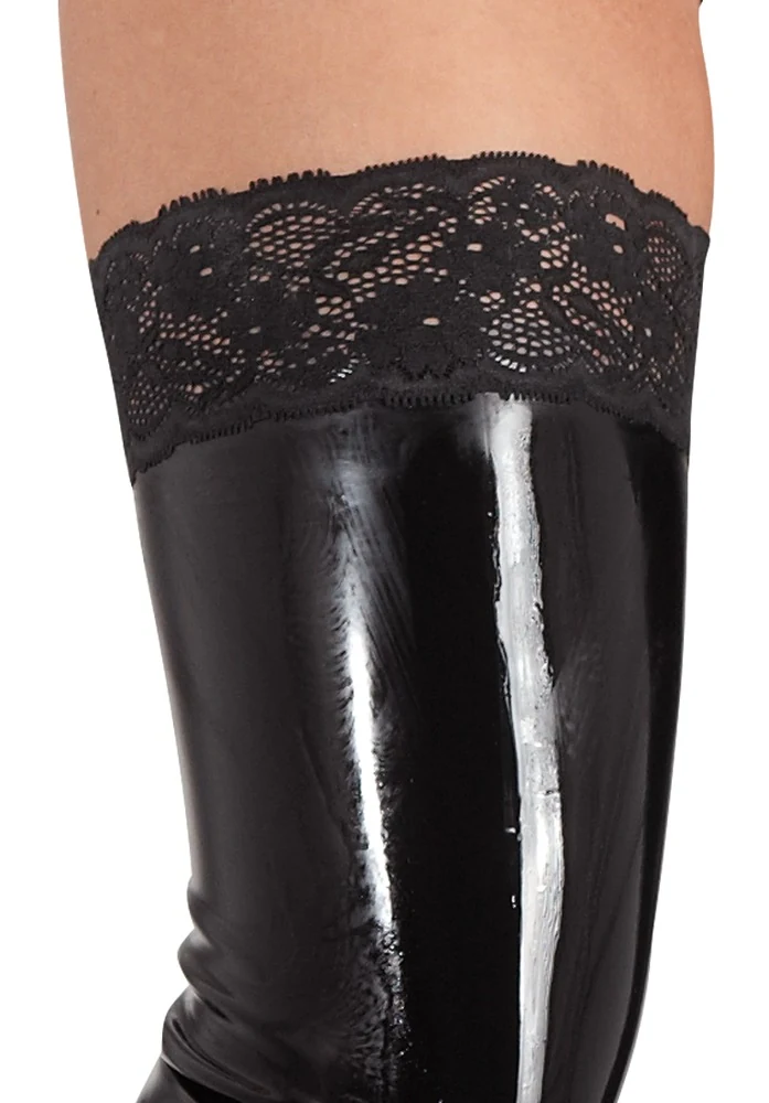 Dijlange latex kousen met kantlook