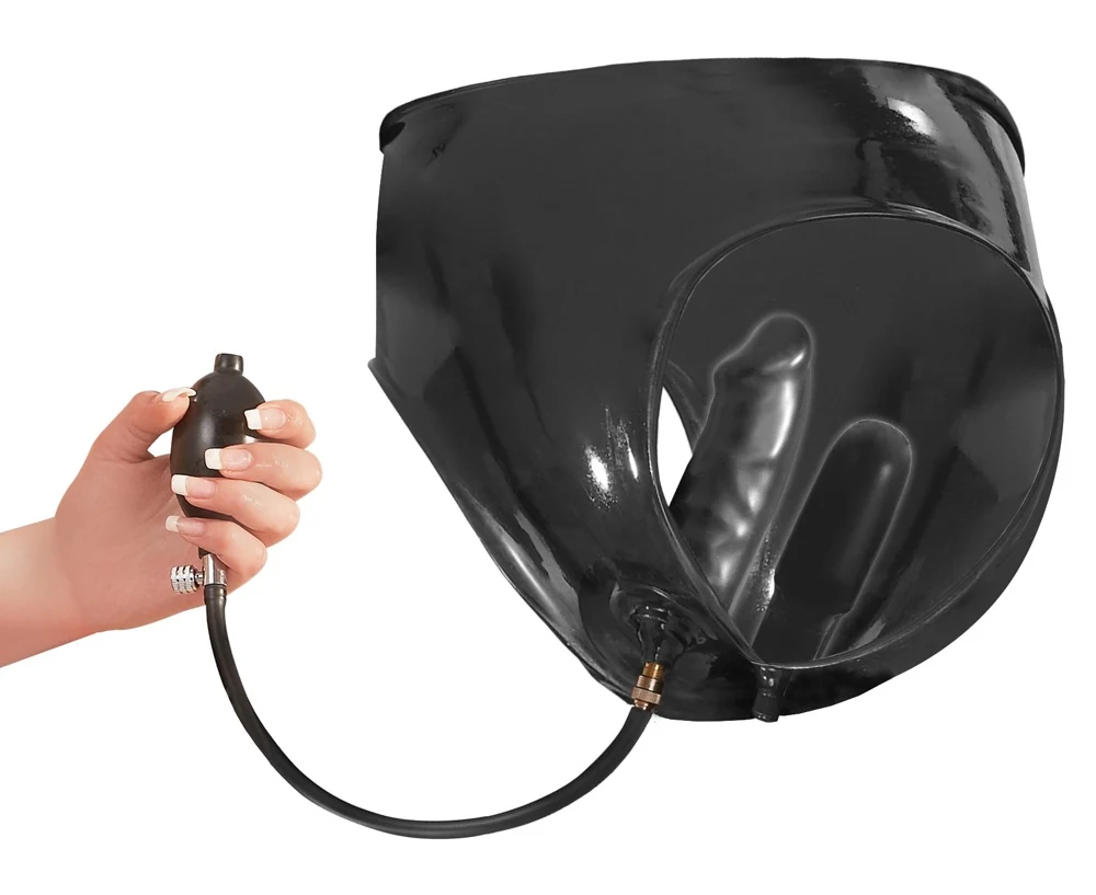 Latex slipje met opblaasbare dubbele dildo