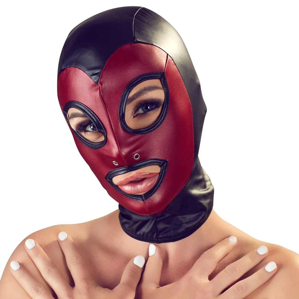 Fetisj hoofdmasker zwart met rood gezichtsveld