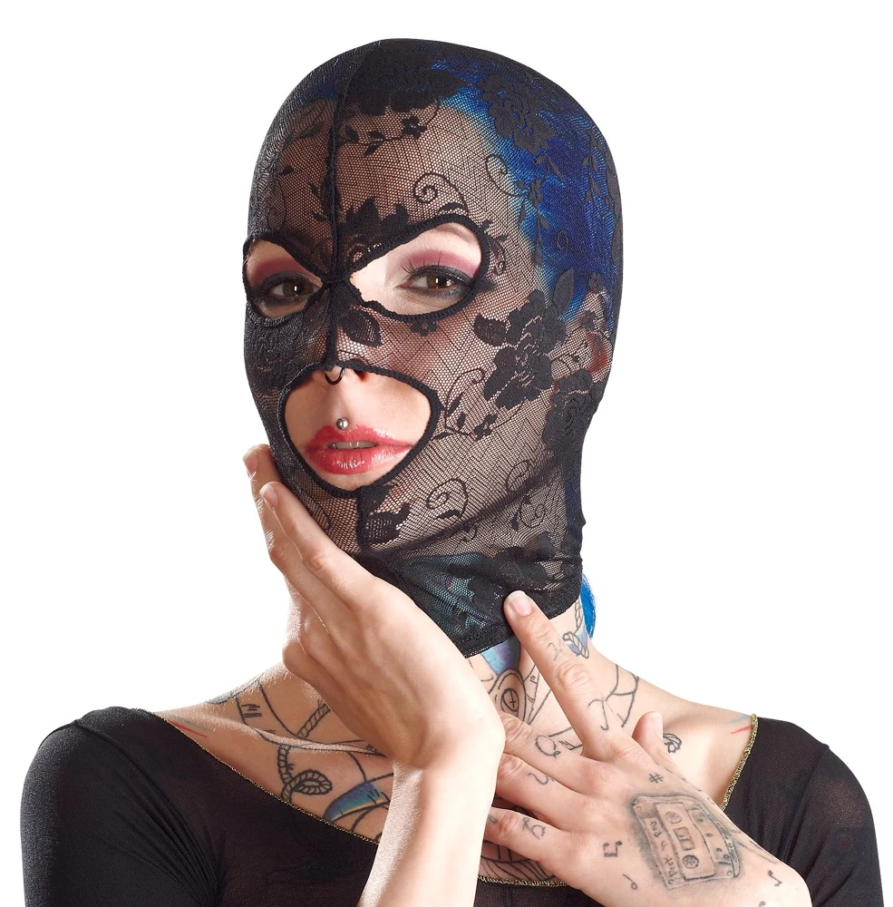 Zwart kanten hoofdmasker met oog- en mondopening