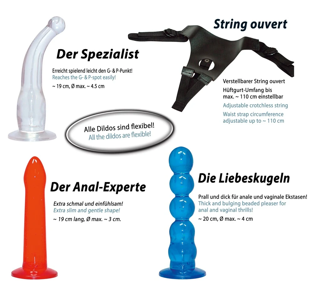 Strap-on string ouvert met 3 dildo’s