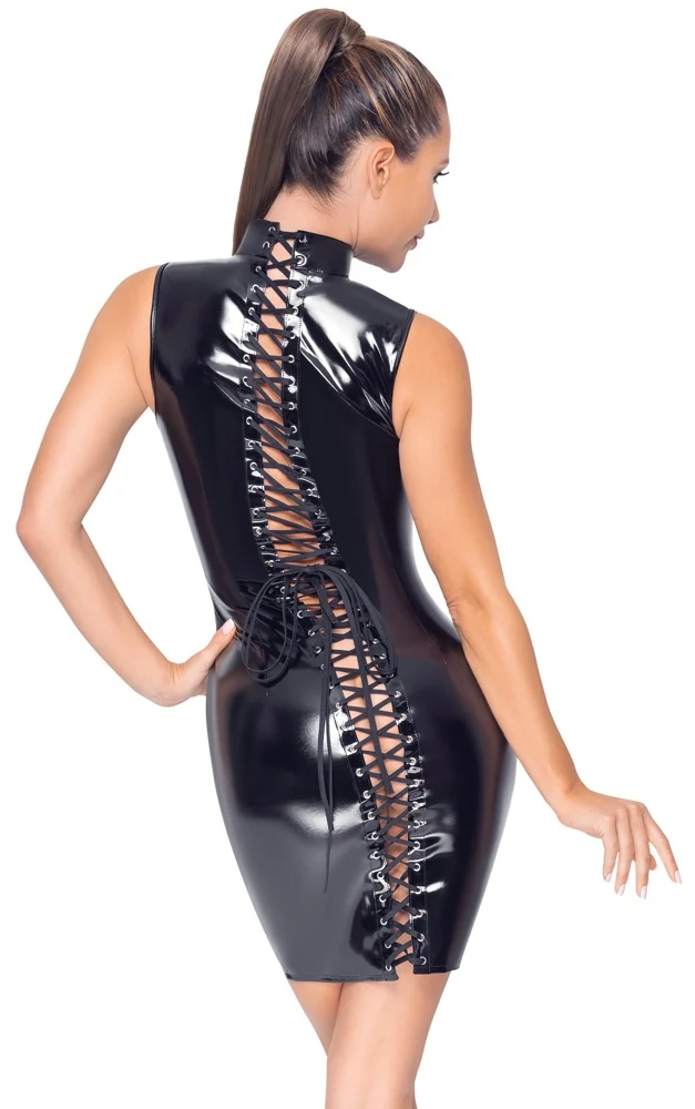 Zwarte lakjurk met tweerichtingsrits en veterdetail