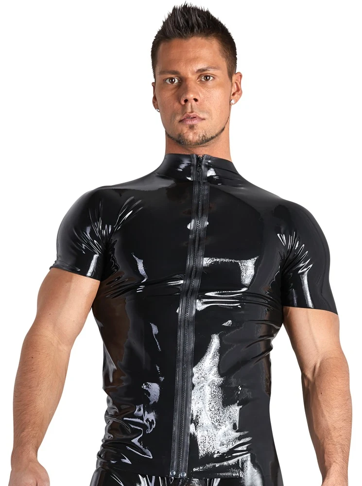 Latex shirt met rits en opstaande kraag