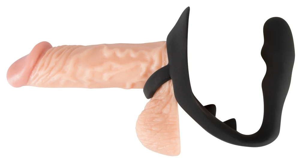 Zwarte penisring met anaalplug en perineumstimulator