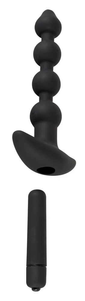 Zwarte siliconen set met plug, string, douche en vibrator