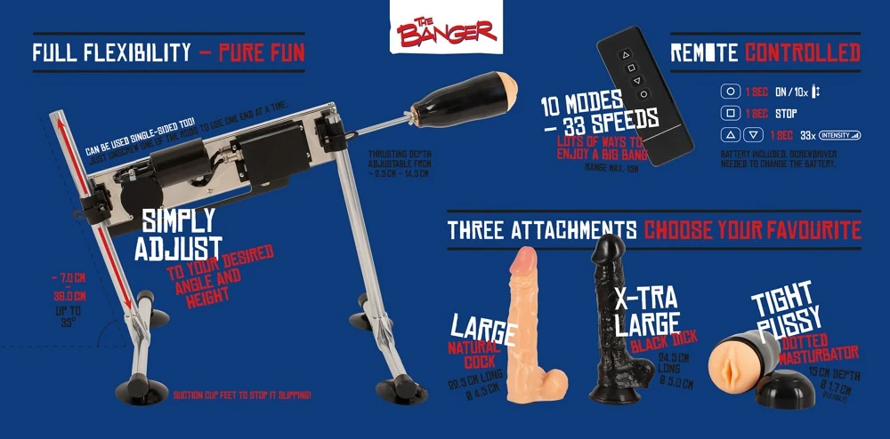 The Banger dubbelzijdige seksmachine met dildo's en masturbator
