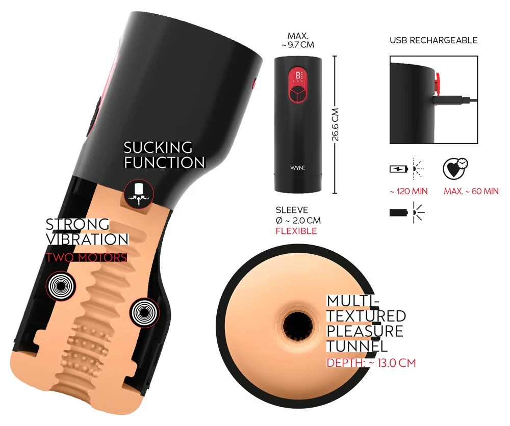 WYNE 07 automatische masturbator met vibratie en zuigfunctie