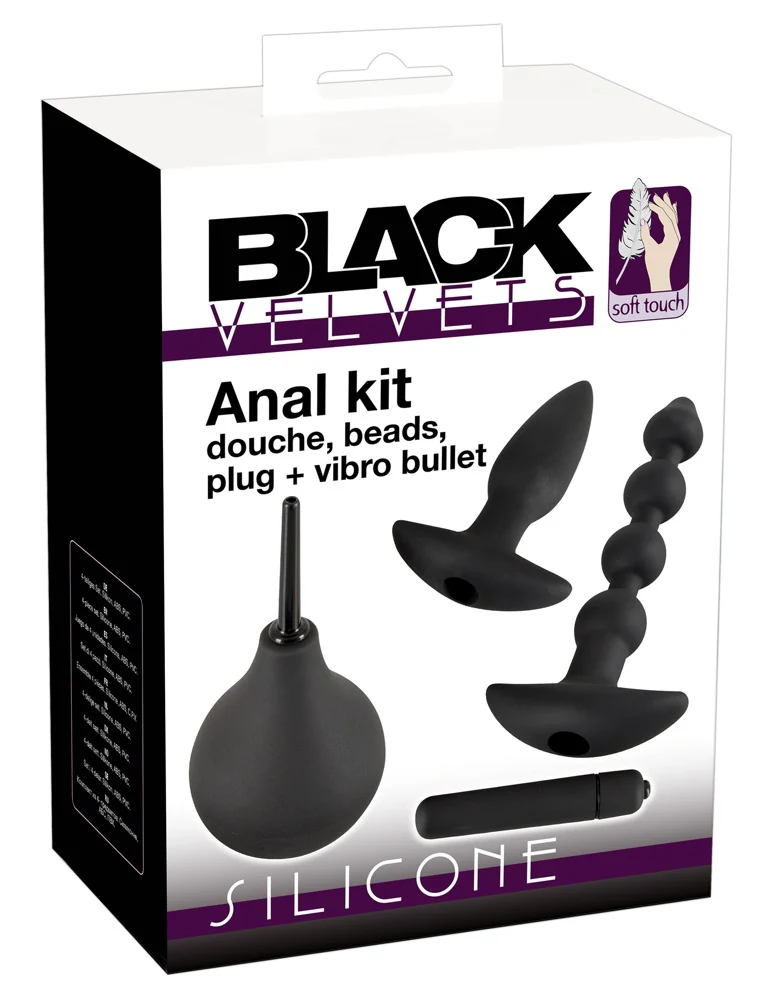 Zwarte siliconen set met plug, string, douche en vibrator