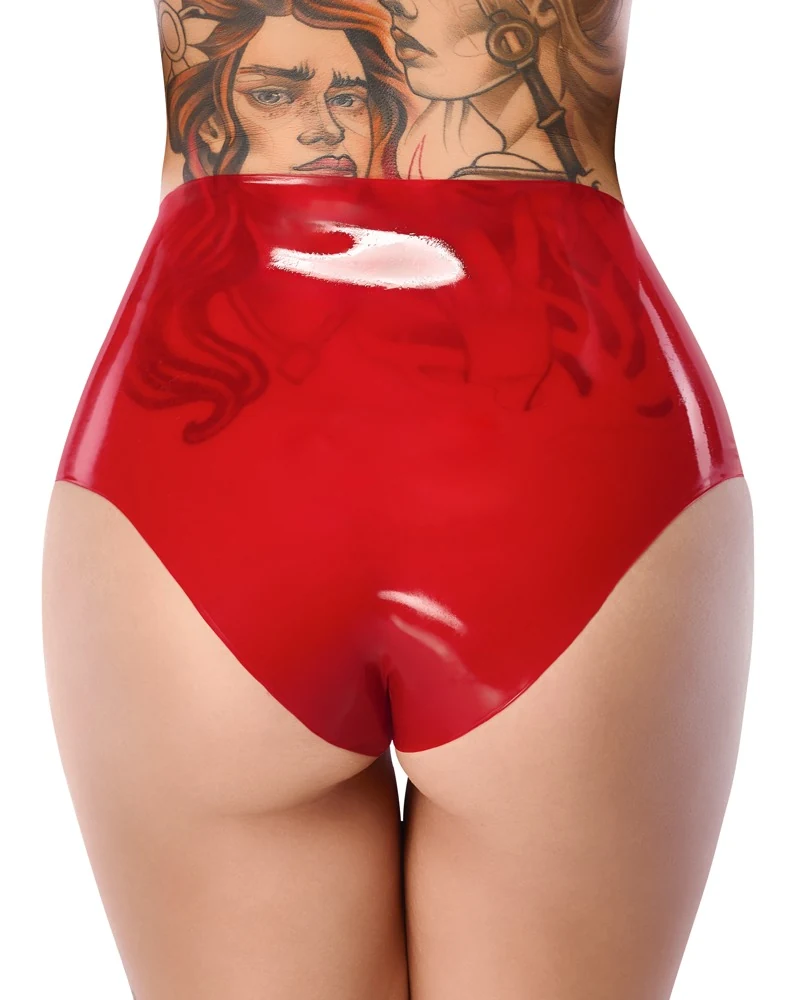 Felrode latex slip met externe dildo