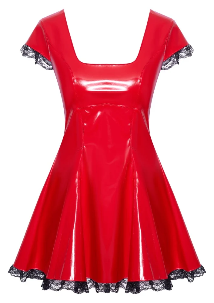 Rode vinyl mini jurk met kanten details