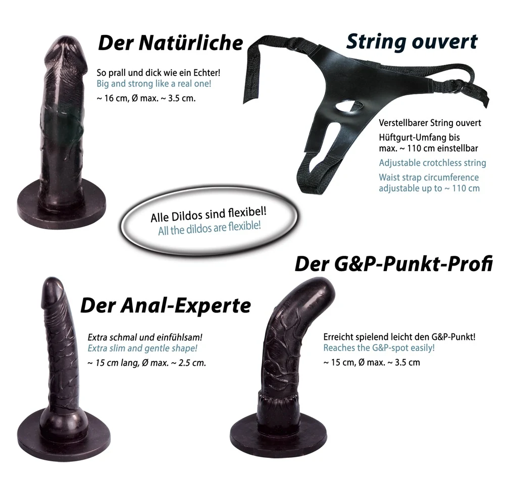 Verstelbare strap-on set met 3 dildo's