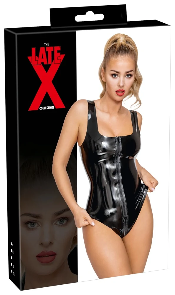 Zwarte latex body met 2-weg rits