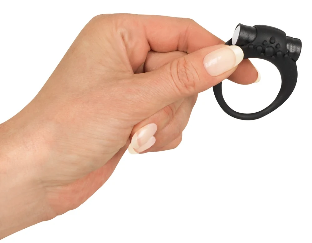 Zwarte siliconen cockring met afneembare minivibrator